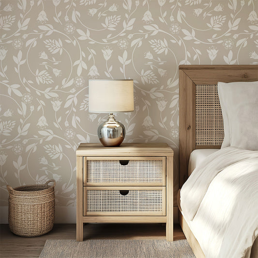 Floral Swirl Botanical Wallpaper – Blue & Neutral